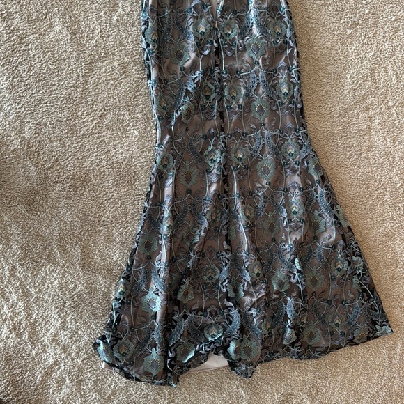 JS Collections brocade illusion over taupe satin gown. Lavender, aqua, teal. - Picture 12 of 13